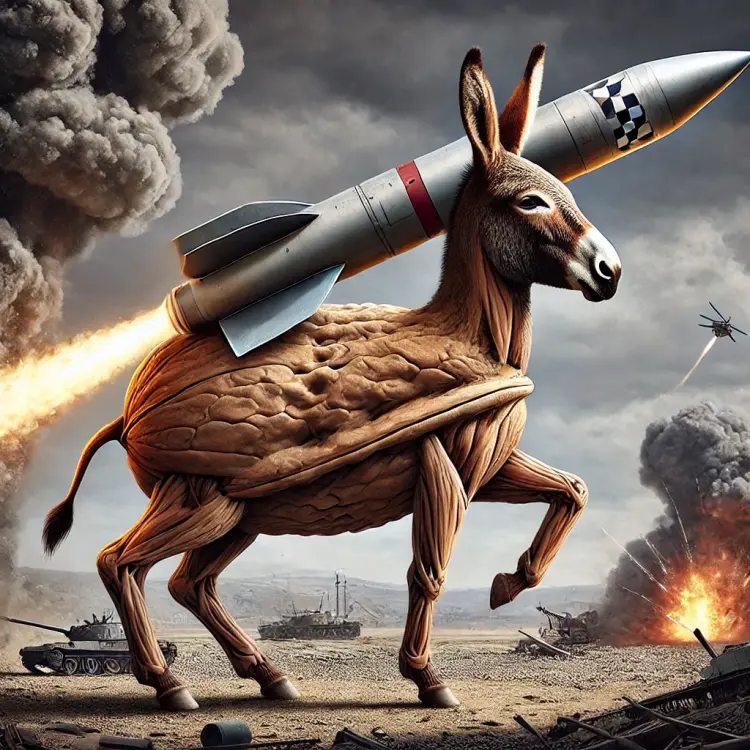 DALL·E 2025-02-10 11.44.02 - A surreal fusion of a donkey, a walnut, and a ballistic missile in an active warzone. The creature has the body of a donkey, but its legs resemble the.webp