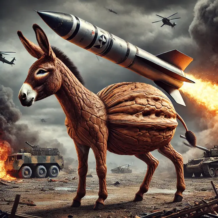 DALL·E 2025-02-10 11.47.32 - A highly detailed, realistic fusion of a donkey, a walnut, and a ballistic missile in an intense battlefield. The creature has the body of a donkey, b.webp