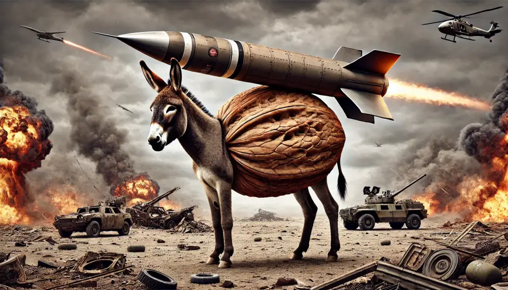 DALL·E 2025-02-10 11.57.33 - A highly detailed, realistic fusion of a donkey, a walnut, and a ballistic missile in an intense battlefield. The creature has the body of a donkey, b.webp